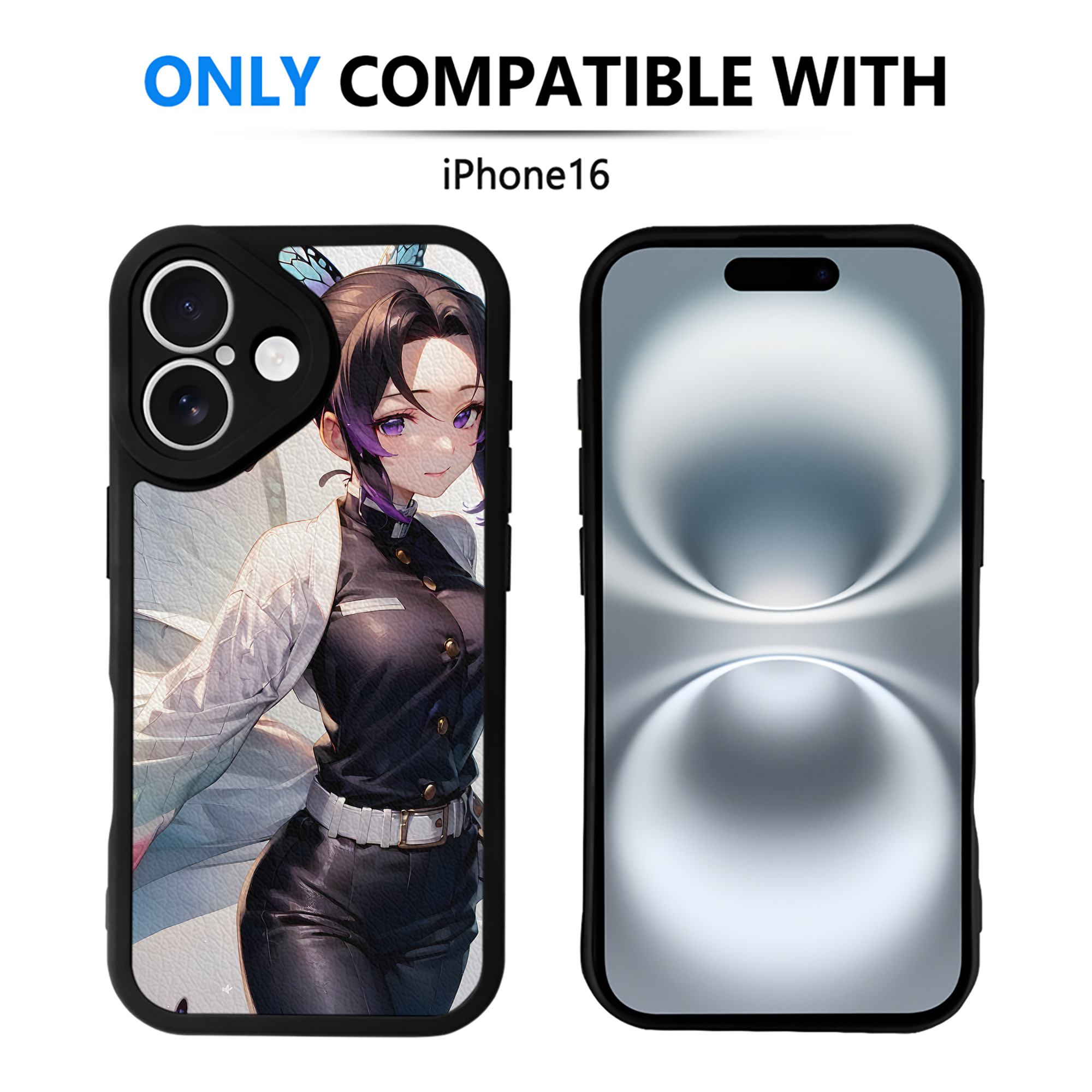 （画像用） 鬼滅の刃（きめつのやいば）蟲柱-胡蝶 しのぶ／こちょう しのぶ Kochou Shinobu 【iPhone 16シリーズ対応】シリコンスマホケース（レザー調） 材質：シリコン
